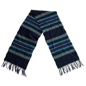 Vintage Black, Blue, and Grey Striped Scarf with End Fringe 90s Y2K Cashmere